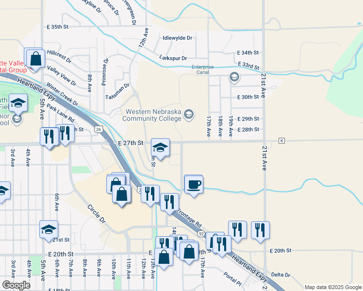 map of restaurants, bars, coffee shops, grocery stores, and more near 2617 College Park in Scottsbluff