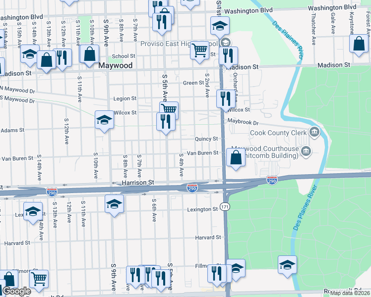 map of restaurants, bars, coffee shops, grocery stores, and more near 1509 South 4th Avenue in Maywood