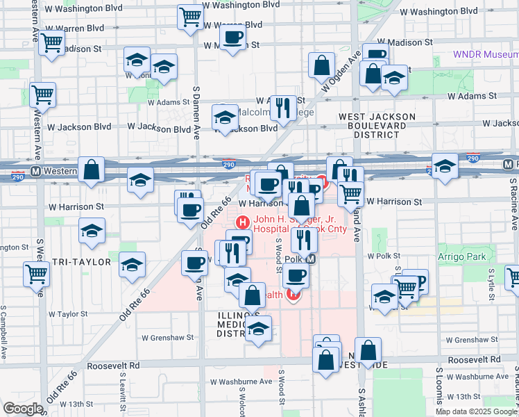 map of restaurants, bars, coffee shops, grocery stores, and more near 1837 West Harrison Street in Chicago