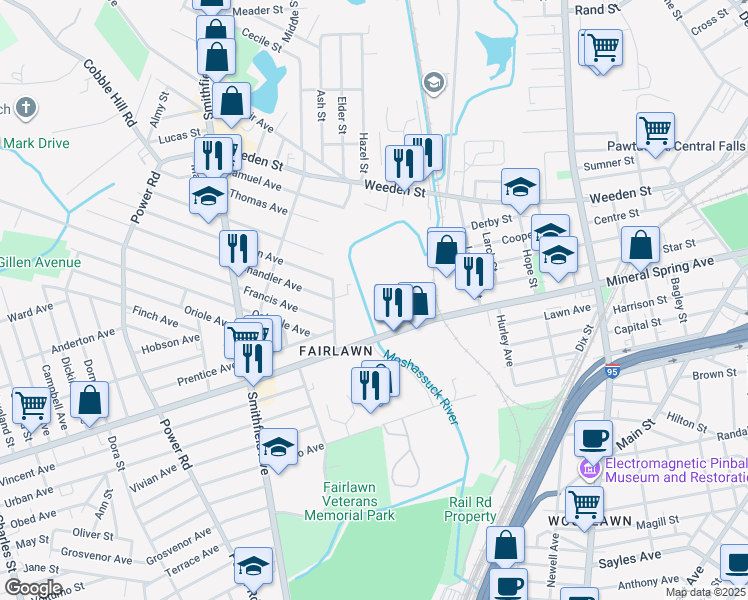 map of restaurants, bars, coffee shops, grocery stores, and more near 595 Mineral Spring Avenue in Pawtucket