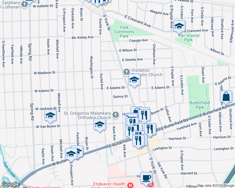 map of restaurants, bars, coffee shops, grocery stores, and more near 143 Quincy Street in Elmhurst