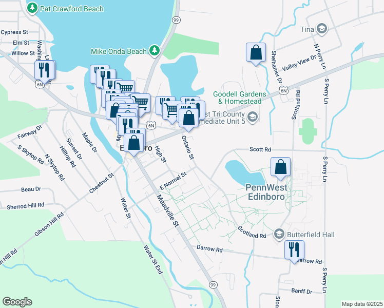 map of restaurants, bars, coffee shops, grocery stores, and more near 119 Ontario Street in Edinboro