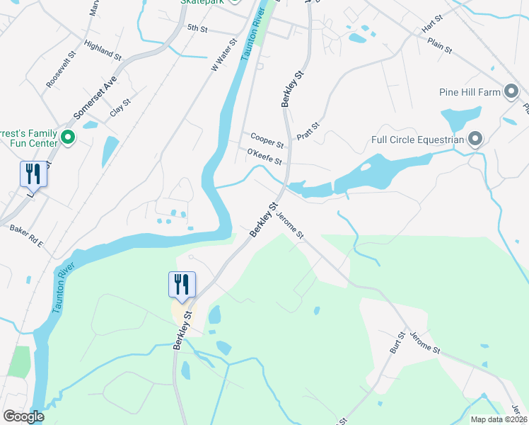 map of restaurants, bars, coffee shops, grocery stores, and more near 455 Berkley Street in Taunton