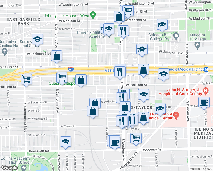map of restaurants, bars, coffee shops, grocery stores, and more near West Harrison Street & South Campbell Avenue in Chicago