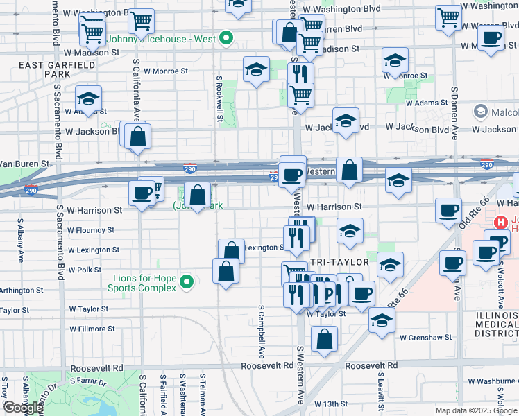 map of restaurants, bars, coffee shops, grocery stores, and more near 2500 West Harrison Street in Chicago