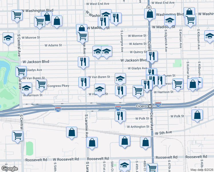 map of restaurants, bars, coffee shops, grocery stores, and more near 5059 West Congress Parkway in Chicago