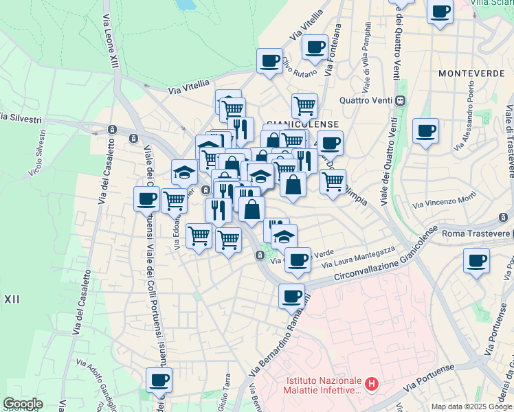 map of restaurants, bars, coffee shops, grocery stores, and more near 27 Via Lorenzo Vidaschi in Rome