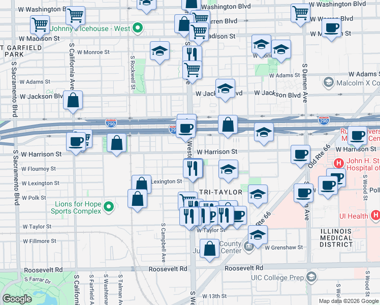 map of restaurants, bars, coffee shops, grocery stores, and more near 2401 West Harrison Street in Chicago