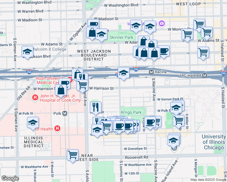 map of restaurants, bars, coffee shops, grocery stores, and more near 1429 West Harrison Street in Chicago