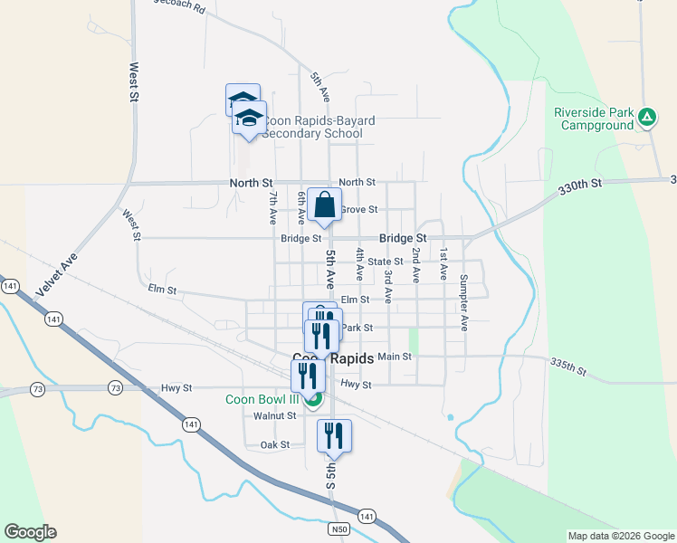 map of restaurants, bars, coffee shops, grocery stores, and more near 422 State Street in Coon Rapids