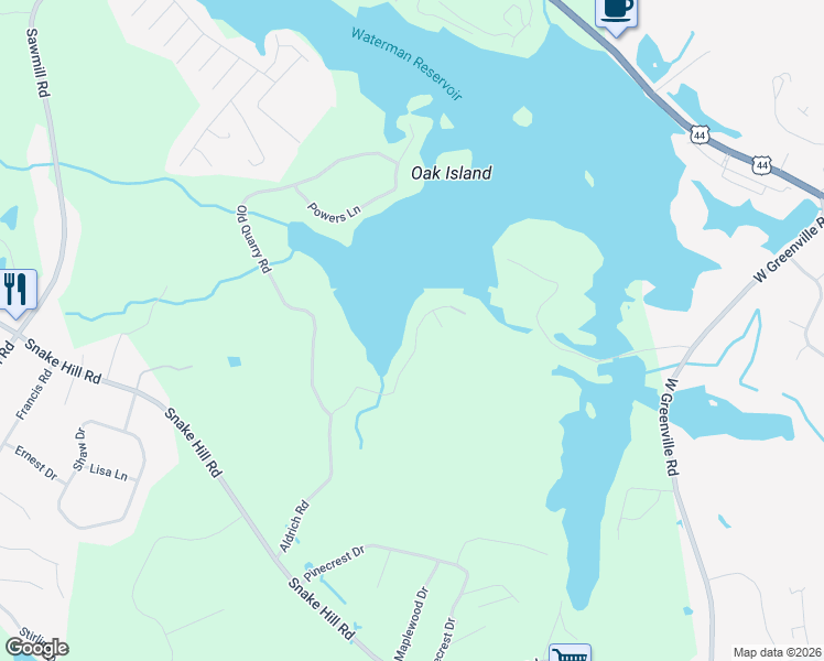 map of restaurants, bars, coffee shops, grocery stores, and more near 130 Aldrich Road in Glocester