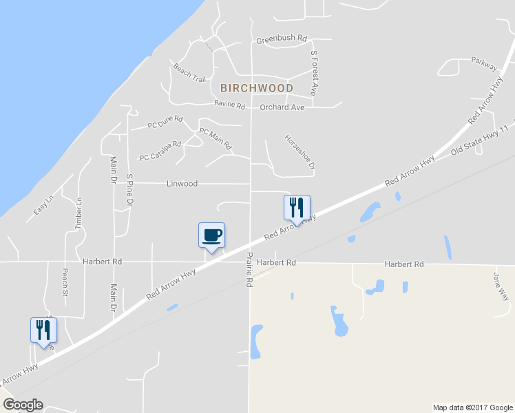 map of restaurants, bars, coffee shops, grocery stores, and more near 13597 Prairie Road in Sawyer