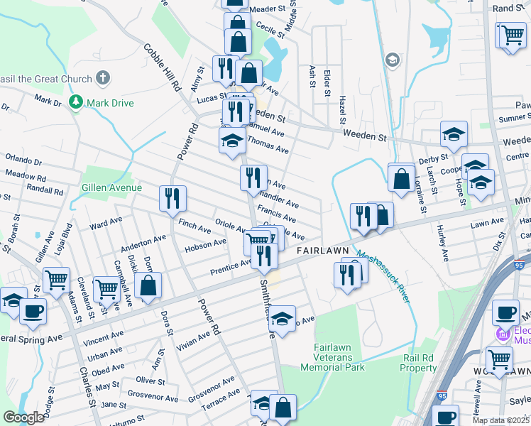 map of restaurants, bars, coffee shops, grocery stores, and more near 64 Francis Avenue in Pawtucket