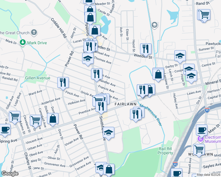 map of restaurants, bars, coffee shops, grocery stores, and more near 41 Francis Avenue in Pawtucket