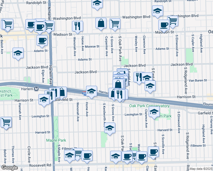 map of restaurants, bars, coffee shops, grocery stores, and more near 841 Carpenter Avenue in Oak Park