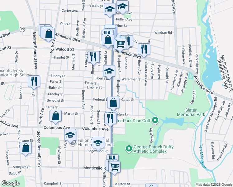 map of restaurants, bars, coffee shops, grocery stores, and more near 157 Benjamin Street in Pawtucket
