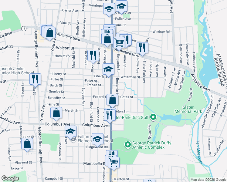 map of restaurants, bars, coffee shops, grocery stores, and more near 157 Benjamin Street in Pawtucket