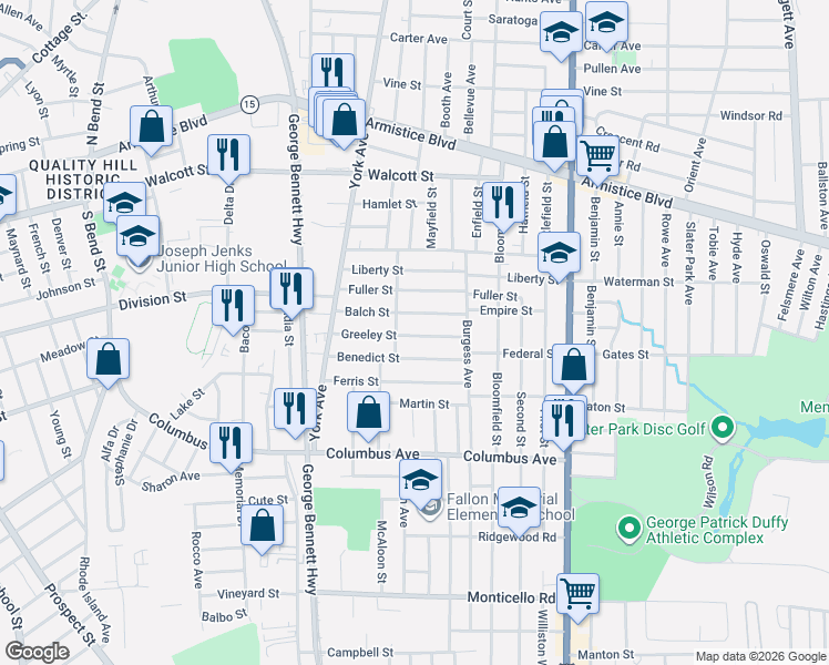 map of restaurants, bars, coffee shops, grocery stores, and more near 30 Gilmore Street in Pawtucket