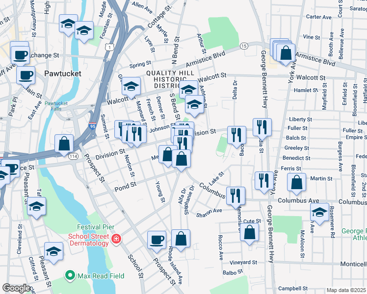 map of restaurants, bars, coffee shops, grocery stores, and more near 156 South Bend Street in Pawtucket