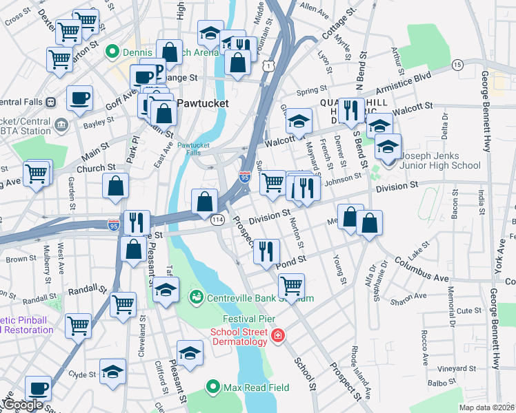 map of restaurants, bars, coffee shops, grocery stores, and more near 14 South Street in Pawtucket