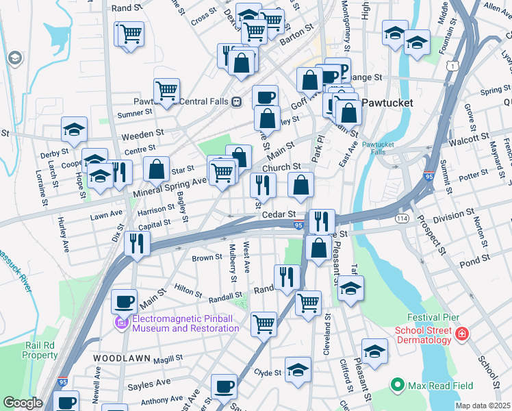map of restaurants, bars, coffee shops, grocery stores, and more near 53 Garden Street in Pawtucket