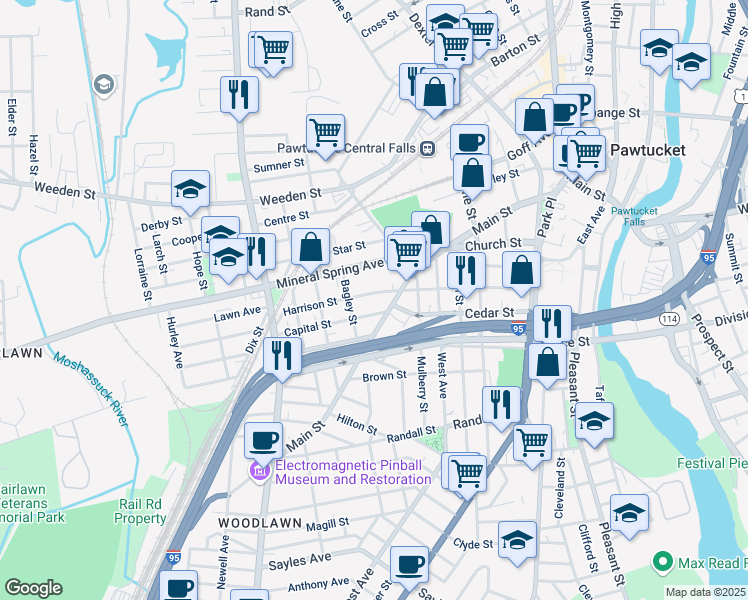 map of restaurants, bars, coffee shops, grocery stores, and more near 146 Harrison Street in Pawtucket