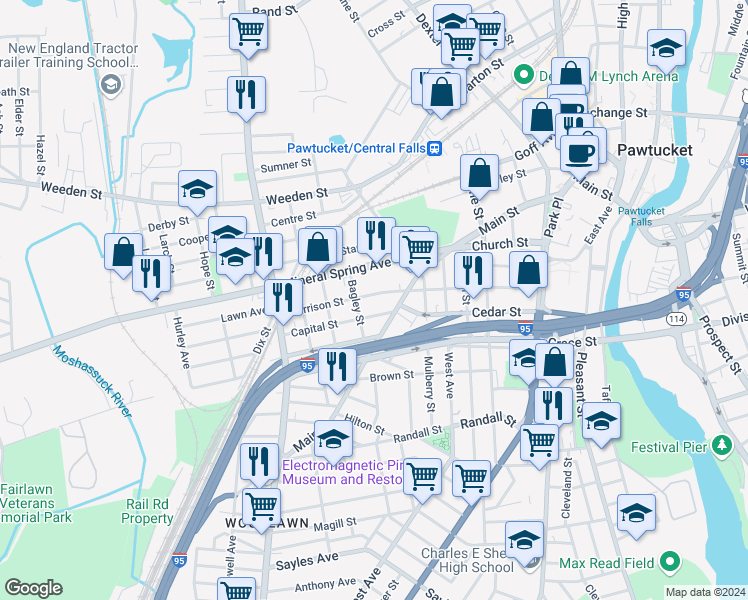map of restaurants, bars, coffee shops, grocery stores, and more near 146 Harrison Street in Pawtucket