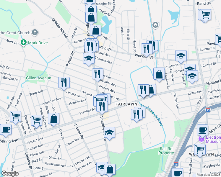 map of restaurants, bars, coffee shops, grocery stores, and more near 41 Francis Avenue in Pawtucket