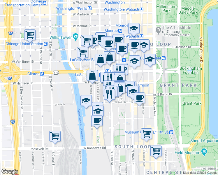 map of restaurants, bars, coffee shops, grocery stores, and more near 619 South LaSalle Street in Chicago