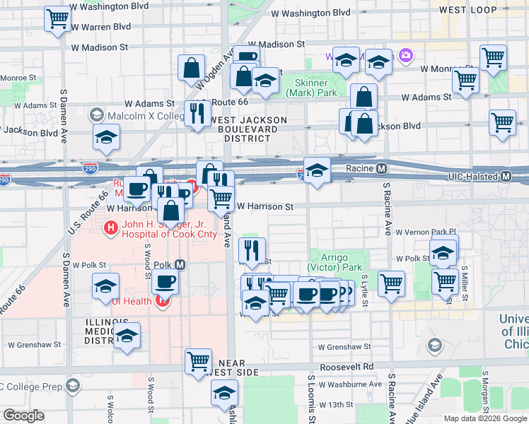 map of restaurants, bars, coffee shops, grocery stores, and more near 600 South Laflin Street in Chicago