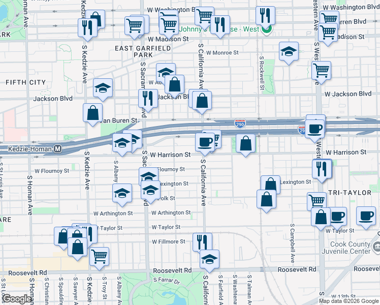 map of restaurants, bars, coffee shops, grocery stores, and more near 2834 West Harrison Street in Chicago