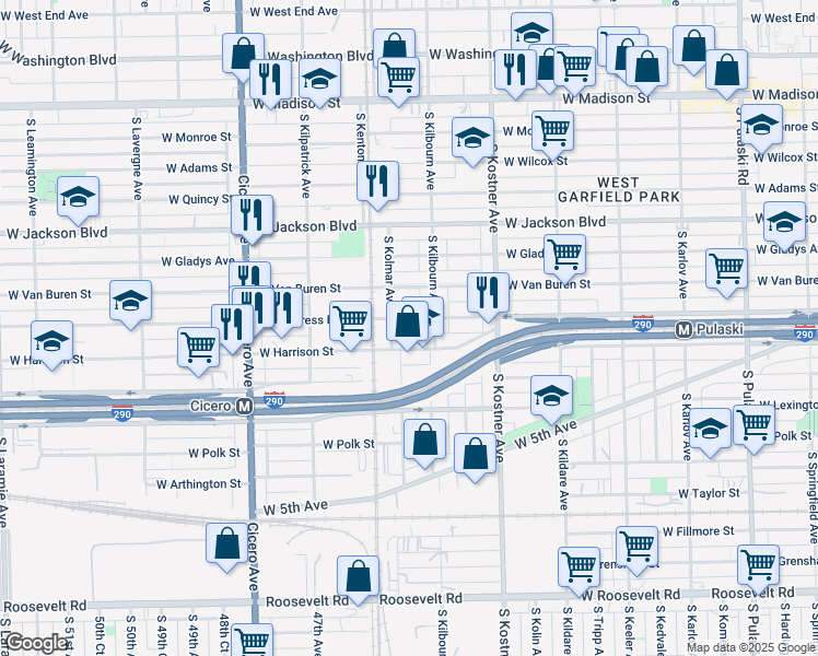 map of restaurants, bars, coffee shops, grocery stores, and more near 4505 West Congress Parkway in Chicago