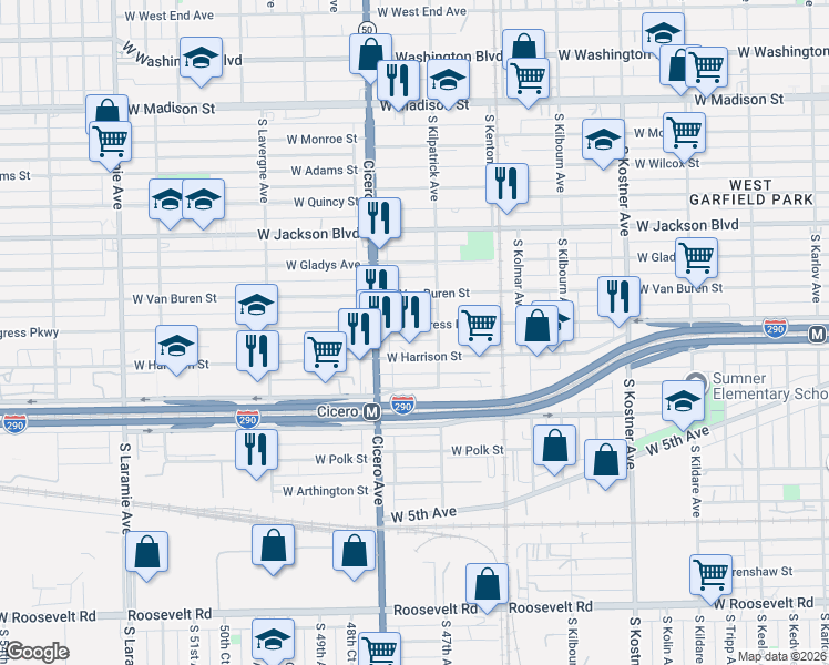 map of restaurants, bars, coffee shops, grocery stores, and more near 4735 West Congress Parkway in Chicago