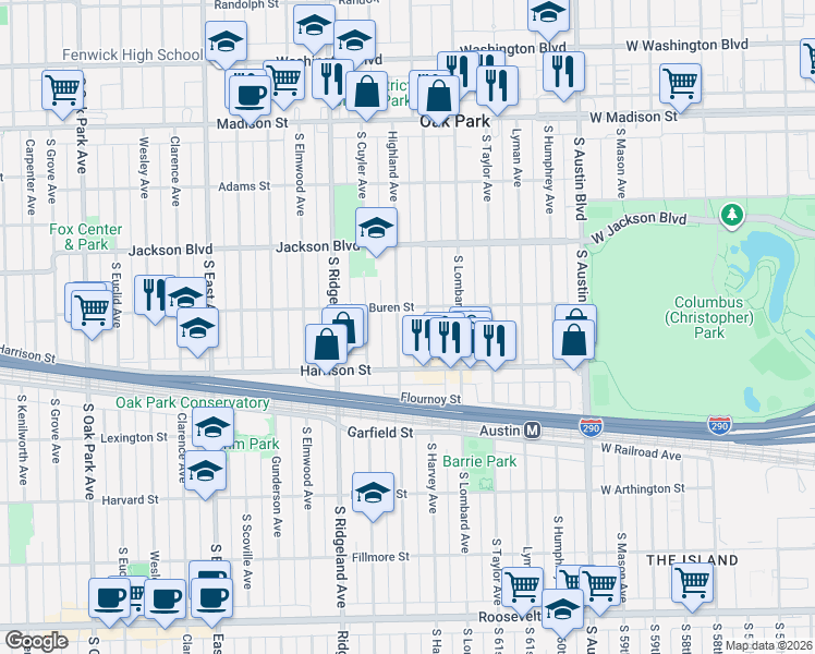 map of restaurants, bars, coffee shops, grocery stores, and more near in Oak Park