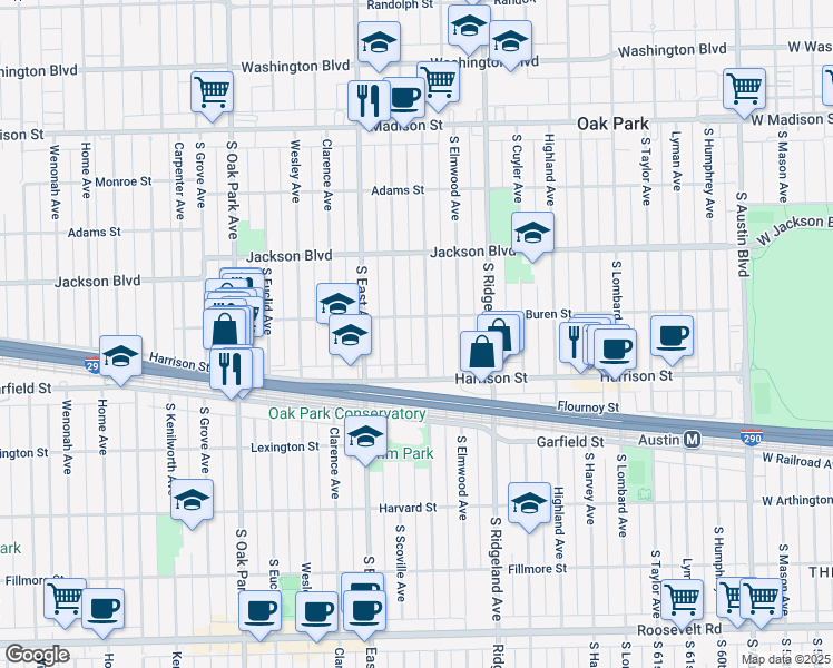 map of restaurants, bars, coffee shops, grocery stores, and more near 806 South Scoville Avenue in Oak Park