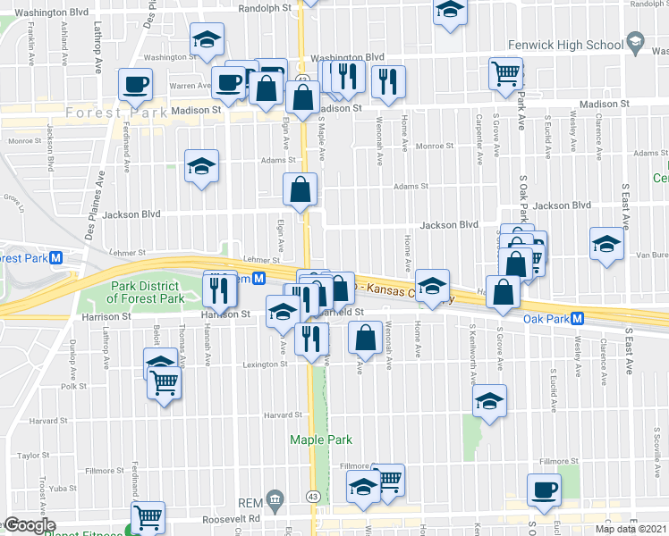 map of restaurants, bars, coffee shops, grocery stores, and more near 837 Wisconsin Avenue in Oak Park