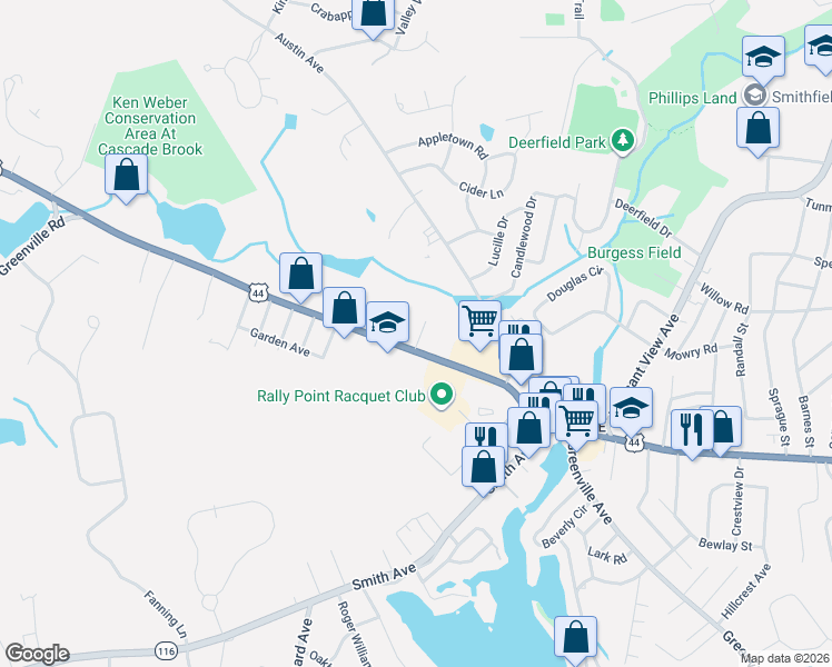 map of restaurants, bars, coffee shops, grocery stores, and more near 4 Garnett Lane in Smithfield