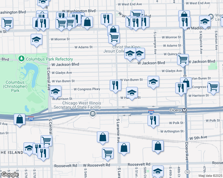 map of restaurants, bars, coffee shops, grocery stores, and more near 5221 West Congress Parkway in Chicago