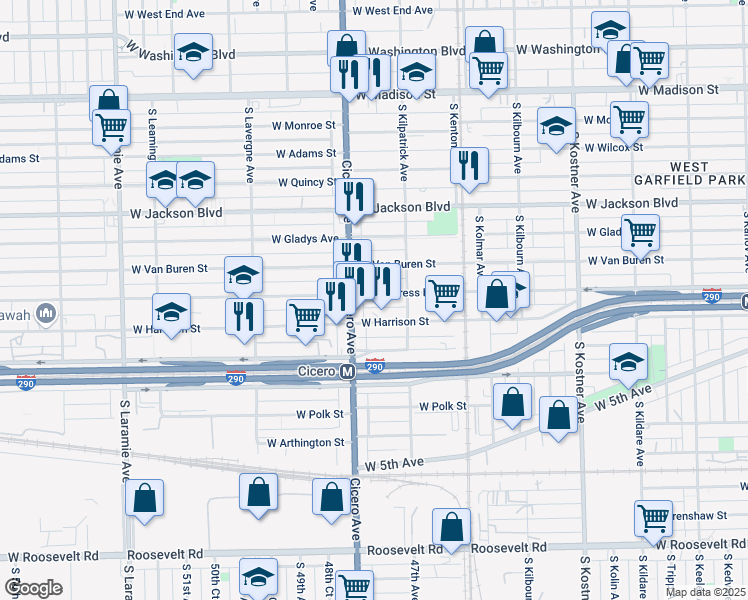 map of restaurants, bars, coffee shops, grocery stores, and more near 4735 West Congress Parkway in Chicago