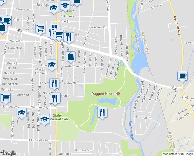 map of restaurants, bars, coffee shops, grocery stores, and more near 136 Hyde Avenue in Pawtucket