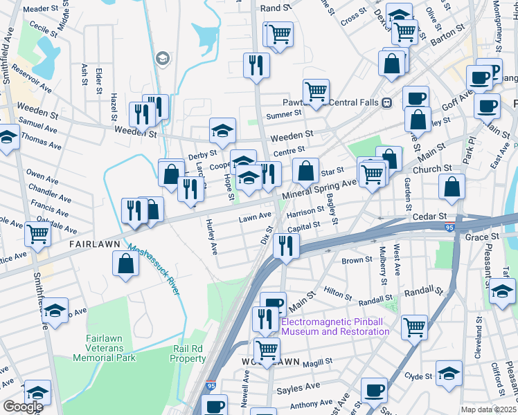 map of restaurants, bars, coffee shops, grocery stores, and more near 286 Mineral Spring Avenue in Pawtucket