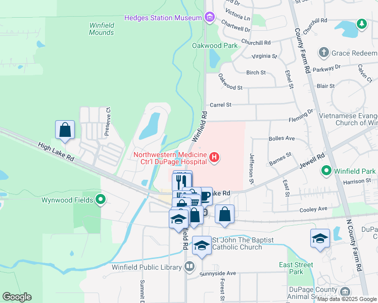 map of restaurants, bars, coffee shops, grocery stores, and more near 126 Winfield Road in Winfield