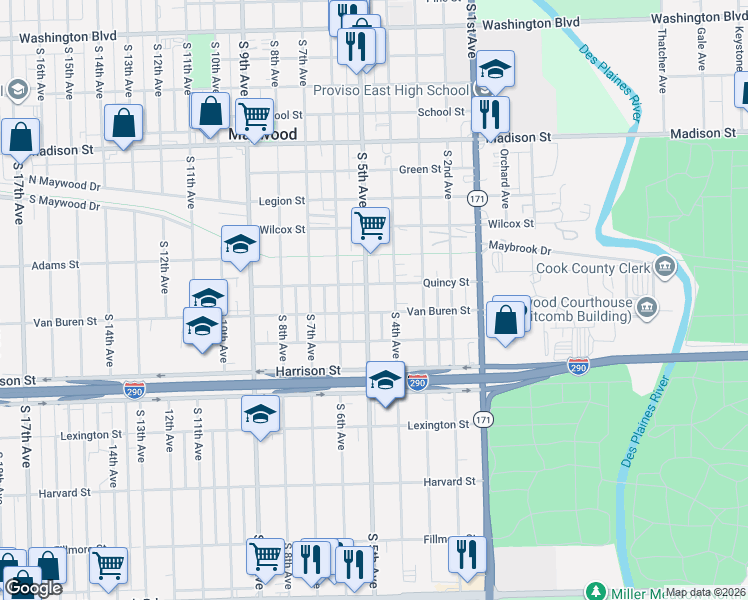 map of restaurants, bars, coffee shops, grocery stores, and more near 1513 South 5th Avenue in Maywood