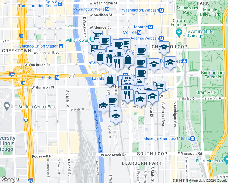 map of restaurants, bars, coffee shops, grocery stores, and more near 618 South Financial Place in Chicago