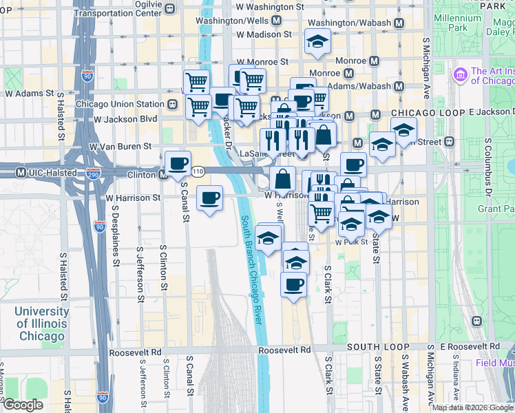 map of restaurants, bars, coffee shops, grocery stores, and more near 801 South Wells Street in Chicago