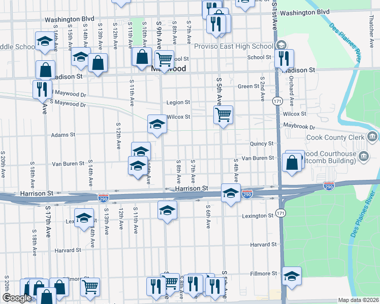 map of restaurants, bars, coffee shops, grocery stores, and more near 1508 South 7th Avenue in Maywood