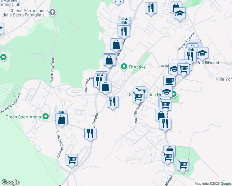 map of restaurants, bars, coffee shops, grocery stores, and more near 25 Via del Fosso di Bravetta in Roma