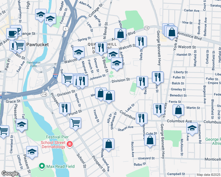 map of restaurants, bars, coffee shops, grocery stores, and more near 156 South Bend Street in Pawtucket