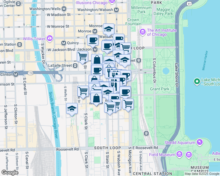 map of restaurants, bars, coffee shops, grocery stores, and more near 629 S State St in Chicago