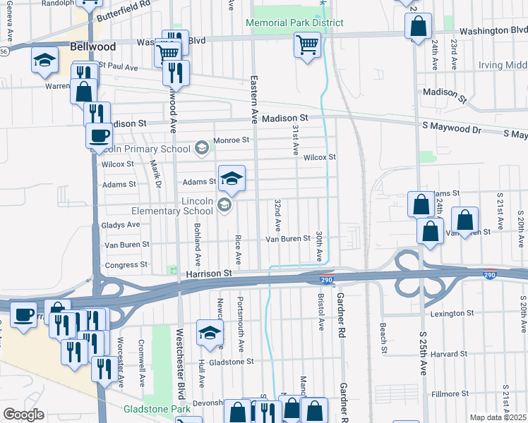 map of restaurants, bars, coffee shops, grocery stores, and more near 1013 Eastern Avenue in Bellwood
